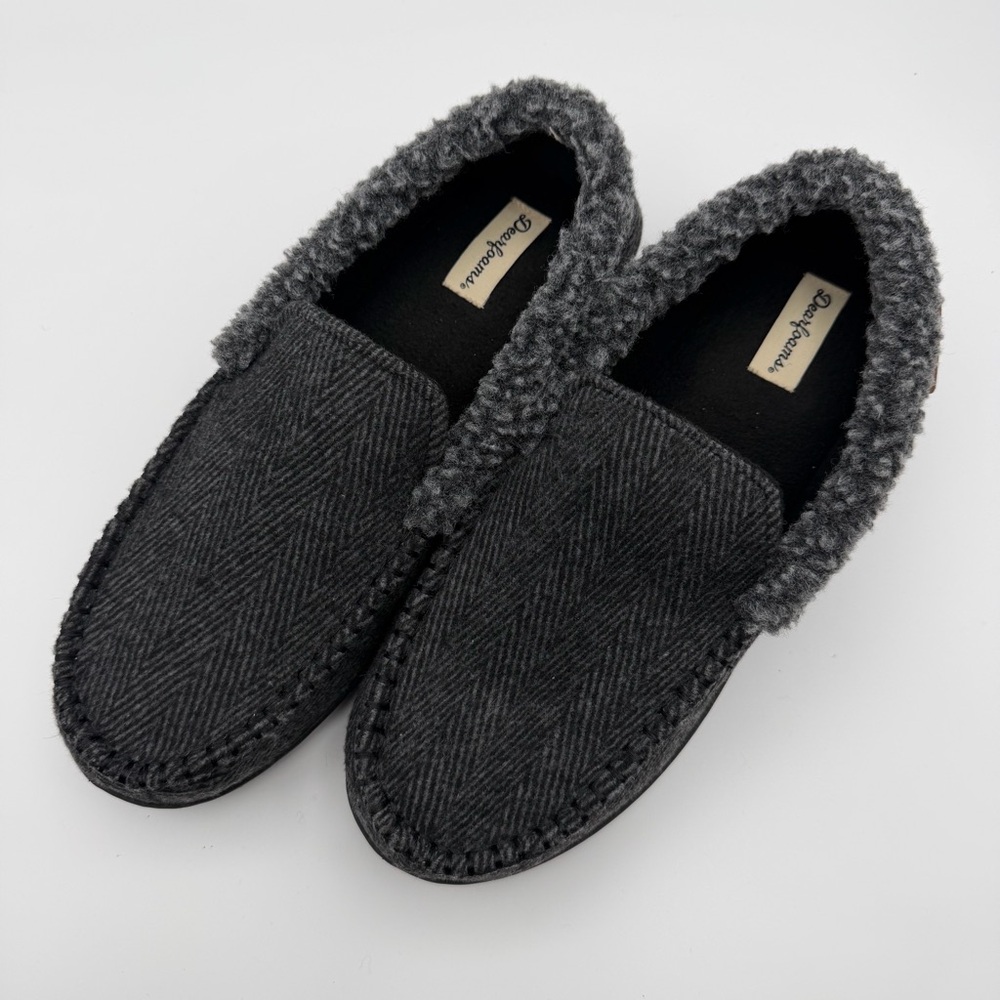 Dearfoams Men's 9/10 Medium Slippers House Shoes Gray Herringbone Slip On